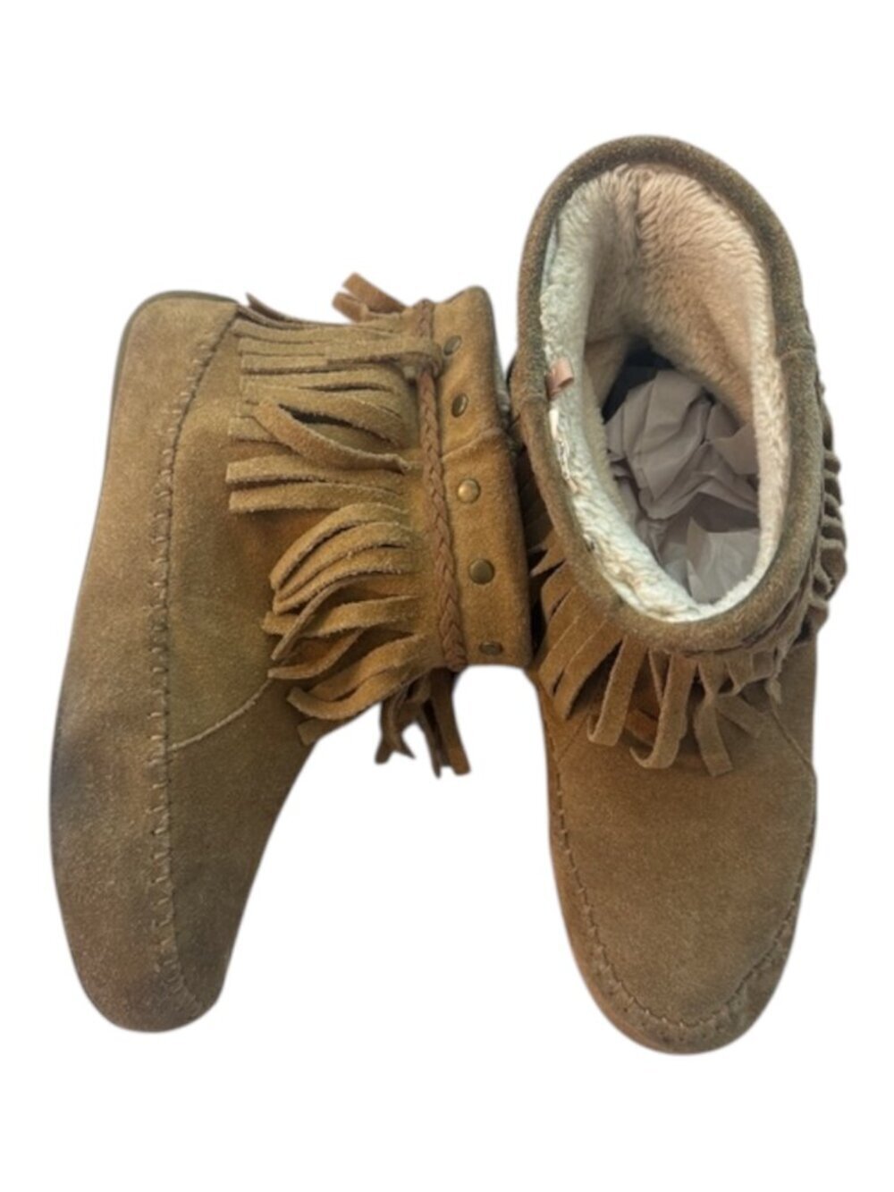Lucky Brand Moccasin Ahbey Fringe Boots Women's Size 9 Tan Suede Booties